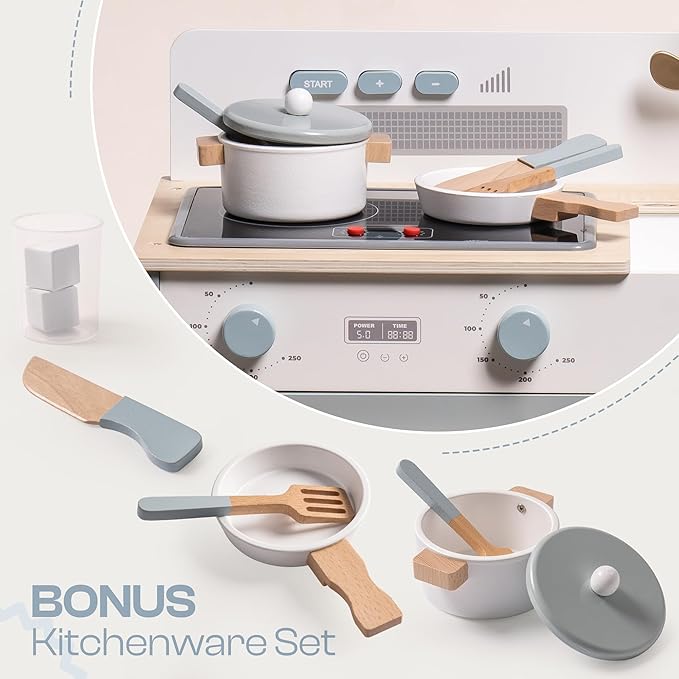 ROBOTIME Play Kitchen for Toddlers, Wooden Kids Kitchen Playset with Real Lights & Sounds/Ice Cube Dispenser, Pretend Play Montessori Toy, Gift for Ages 3+ (Blue)