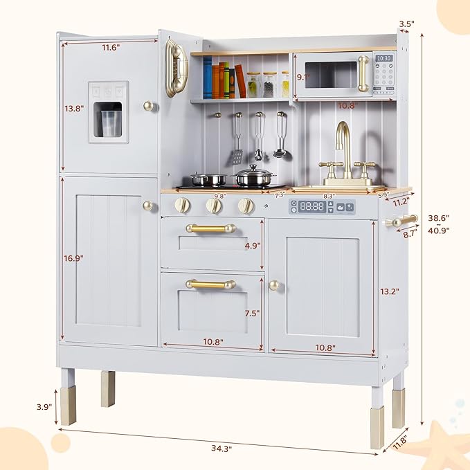 Wooden Play Kitchen for Kids, Toddler Vintage Kitchen Toy Set w/Pretend Phone, Ice Maker, Towel Rack, Height Adjustable Realistic Playset Chef w/Light & Sound (Gray)