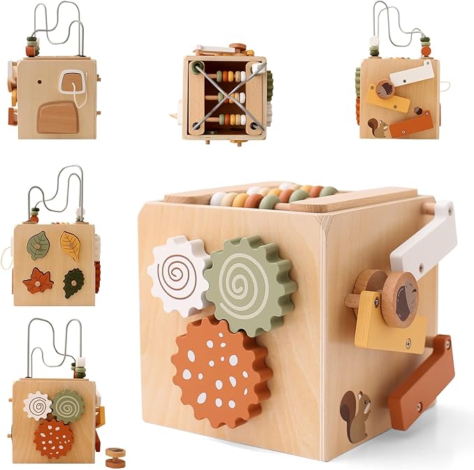 ibwaae 5 in 1 Wooden Activity Cube Play Center Bead Maze Leaves Shape Sorter Learning Montessori Toys for Toddlers 1-3 Early Educational Developmental Learning Toys for Kids