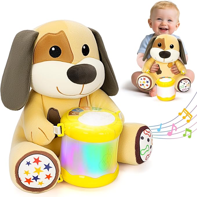 V-Opitos Stuffed Dog Musical Toys for Baby 6-12 Months+, Early Learning Light up Music Drum, Perfect Christmas Birthday Gifts for Boy & Girl Age 1, 2 Years Old