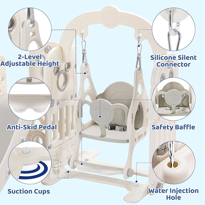 Arlopu 7 in 1 Toddler Slide and Swing Set, Kids Climber Playset with Ball & Hoop, Telescope, Suction Cup Reinforced Base, Baby Indoor Outdoor Playground (White)