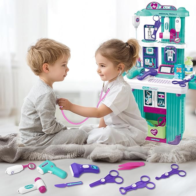 Gifts2U Doctor Kit for Toddlers 3-5, 3 in 1 Kids Doctors Cart Plays Set with Costume,Stethoscope, Thermometer, Medical Pretend Play Toys for Girls Boys