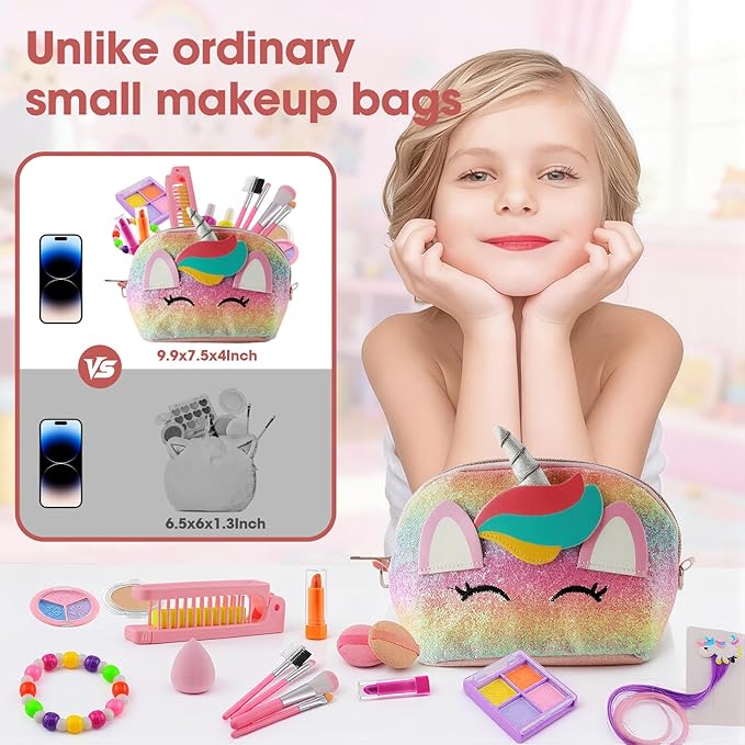 21Pcs Kids Makeup Kit for Girl, Princess Toys Real Washable Cosmetic Set with Sparkly Unicorn Purse, Kids Makeup Sets for Girls, Play Make Up Birthday Gifts for 3 4 5 6 7 8 9 10 11 12 Years Old Kid