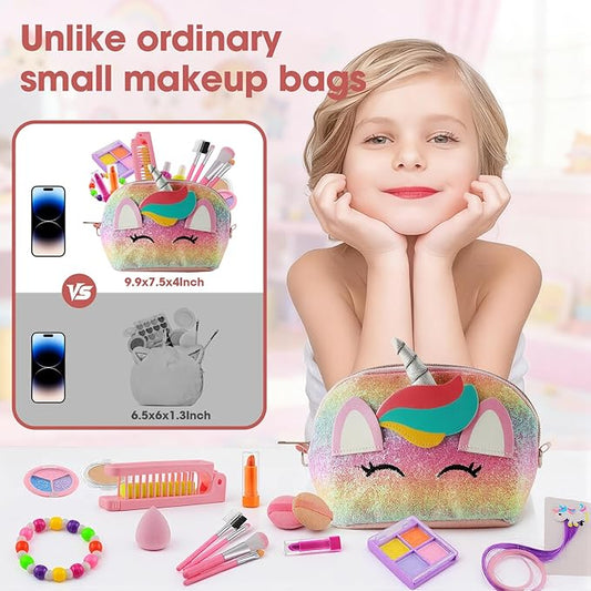 21Pcs Kids Makeup Kit for Girl, Princess Toys Real Washable Cosmetic Set with Sparkly Unicorn Purse, Kids Makeup Sets for Girls, Play Make Up Birthday Gifts for 3 4 5 6 7 8 9 10 11 12 Years Old Kid