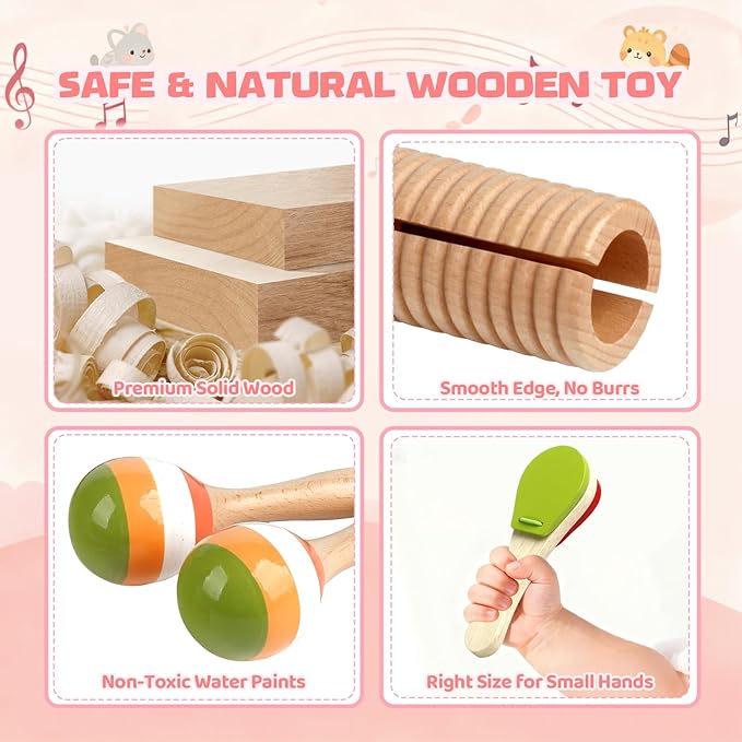 Baby Musical Instruments - Montessori Wooden Toys for Toddlers 1-3, Xylophone Maracas Tambourine Percussion Set, Kids Preschool Music Learning Toys Christmas Birthday Gifts for Boys Girls Age 3+, Pink