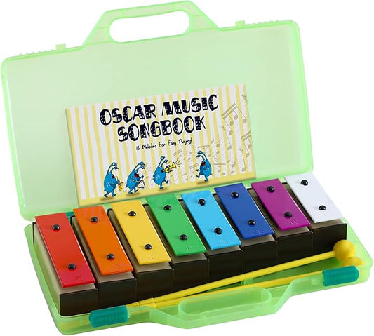 MINIARTIS Glockenspiel Xylophone | Educational Music Toys for Toddlers | 8 Notes Colorful Resonator Bells for Kids with 15 Songbook & Green Case | Great Birthday Gift for Children