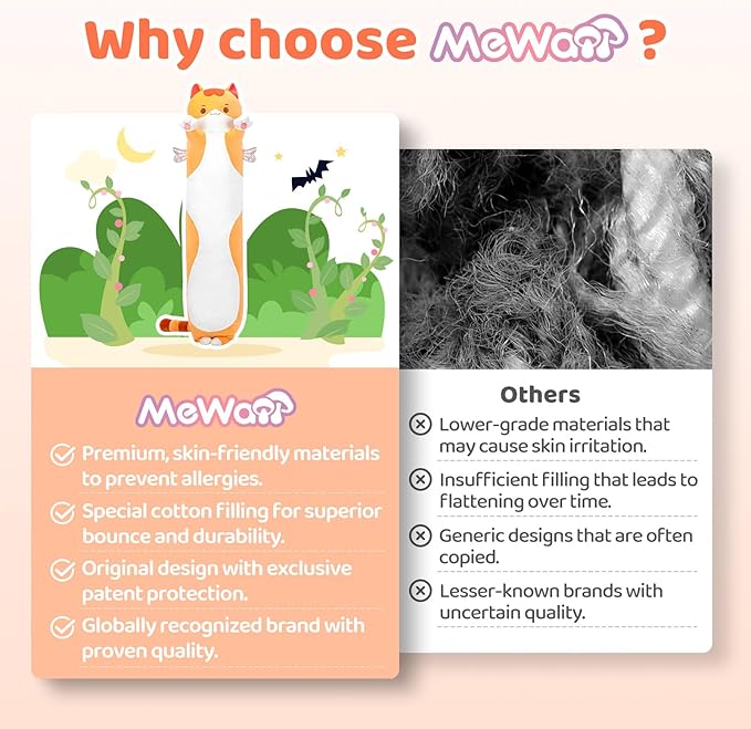 Mewaii Long Cat Plush 5 Sizes, 120% Extra Filling Giant Plushness Kids Body Pillow, Kawaii Cute Brown Cat Stuffed Animals Plushies, Big Long Body Pillow Cat Plush Gift for Girls 36”