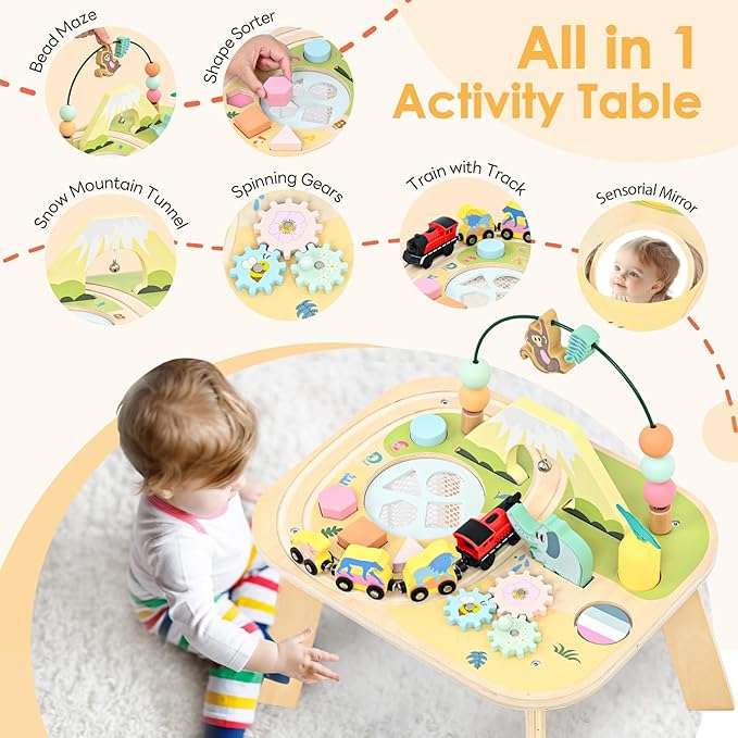 wingyz 9-in-1 Activity Table for 1 Year Old Toddler, Multi-Colorful Wooden Montessori Toys, Baby Play Table with Bead Maze Shape Sorter Train Toy, Educational Gifts for 12 Months+ Kids Boys Girls