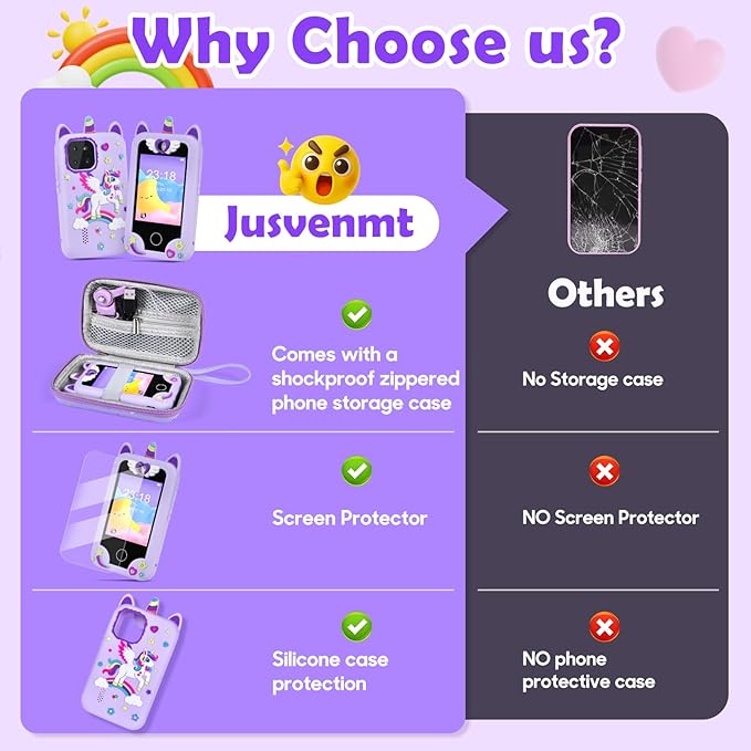 Kids Smart Phone for Girls, Kids Camera Toy Phone for Ages 3 4 5 6 8 Year Old, Christmas Birthday Gifts Toddler Cell Phone with Touchscreen, 44 Games, Music Player, 32GB Card & Bag Purple