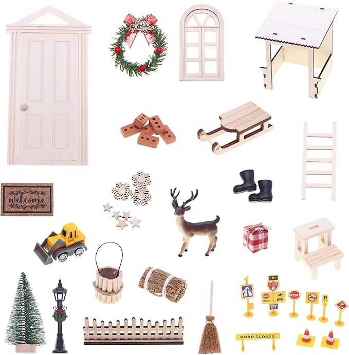 42Pcs Christmas Fairy Door Decorations, Mini Wooden Enchanted Doors, DIY Dollhouse Accessories for Decoration, Tiny Outdoor Decor for Girl Boys Xmas Accessories Fairy Tale