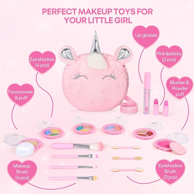 Kids Real Makeup Kit for Girls 3-10 Years Old : Washable Non Toxic Make Up Toys Sets for Toddler - 17Pcs Vanity Set with Unicorn Purse for Little Girl Ages 3 4 5 6 7 8 Birthday Gifts -Pink