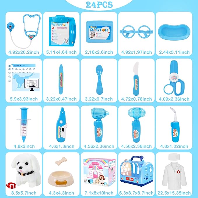 Dog Toys Doctor Kit for Kids, Walking Barking Electronic Interactive stuffed Puppy Toy with Pretend Playset for Toddlers, Pet Care Veterinarian Toy Set, Ages 3-6 Year Old for Girls Role Play Gift Blue