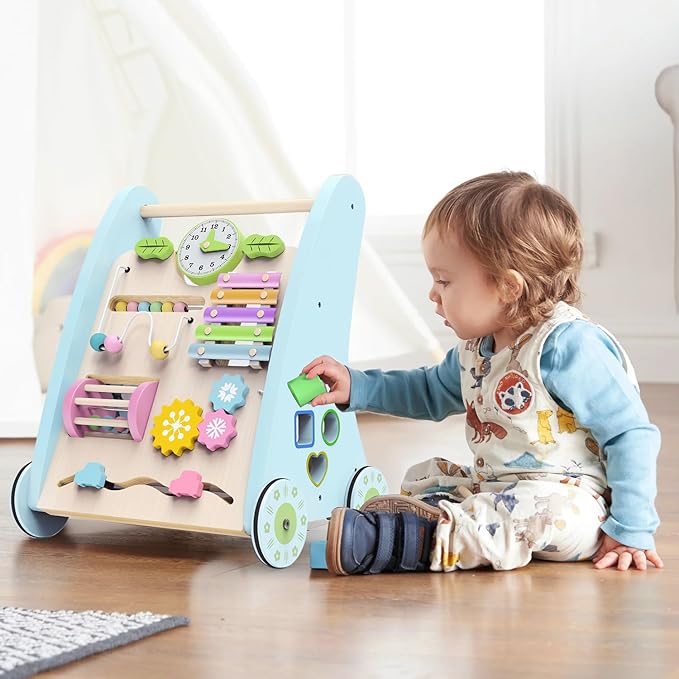 Wooden Baby Walker,Adjustable Speed Push Walker with Wheels and Learning Activity Center,Montessori Walker for Babies 12 Months,Baby Walker Push Toys for Baby Boys and Girls Gifts (Blue)