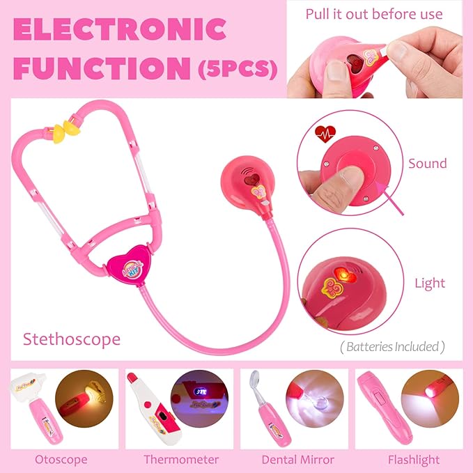 Liberry Doctor Kit for Toddlers 3 4 5 Years Old, Kids Doctor Play Set for Girls Boys Toy, Pretend Play Medical Kit with Stethoscope & Costume for Christmas Birthday Gift Pink