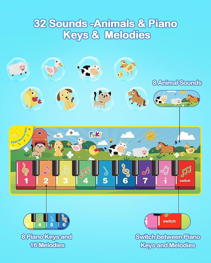 FOKI Floor Piano Mat for Toddlers, Sensory Educational Dancing Musical Keyboard Carpet Toy, Animal Sounds Touch Playmat Blanket, for 1 to 5 Years Old Boy and Girl