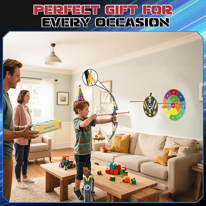 Kids Bow and Arrow Set LED Light Up Archery Set with 10 Suction Cup Arrows, 2 Archery Targets Indoor Outdoor Games for Kids Ages 4-8 8-12 Birthday Gifts Toys for 5 6 7 8 9 10 11 12 Year Old Boys Girls