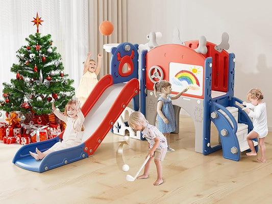 XJD Toddler Slide,12 in 1 Kids Slide for Toddlers 1-3, New Upgrade with Golf Set, Basketball Hoop, Drawing Board for Indoor Outdoor Playset,Toddler Playground (Red Blue)