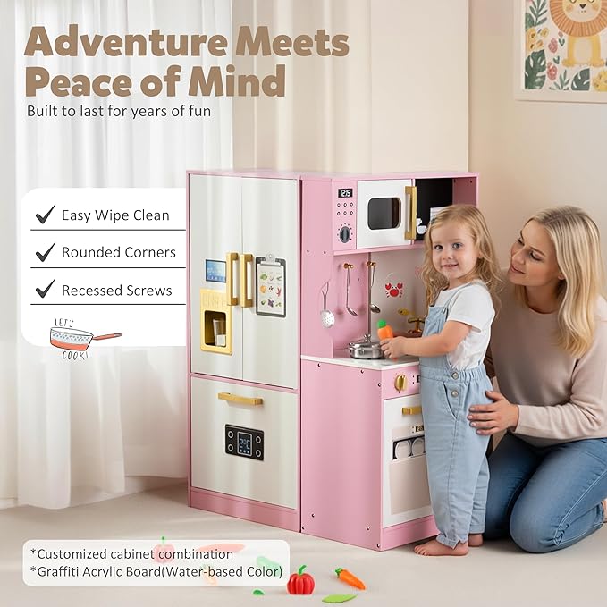 Play Kitchen Sets for Kids, Pretend Wooden Kids Kitchen Playset, Interactive Toy Kitchen with Freezer, Washing Machine, Ice Maker & Large Storage Space, for Boys Girls Ages 3+, Pink