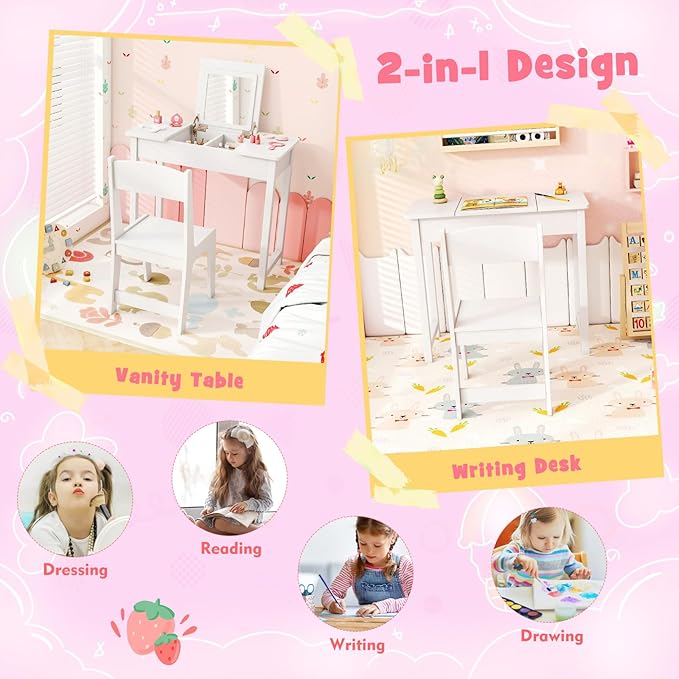 HONEY JOY Kids Vanity, Wooden Girls Vanity Desk with Flip Top Mirror, Hidden Storage Space, Toddler Makeup Vanity Dressing Table, Pretend Play Kids Vanity Table and Chair Set (White)