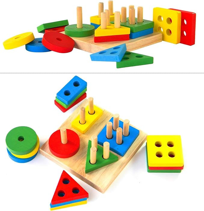 Boxiki kids Montessori Puzzles for 1 2 3 Year Old Boys, Girls & Toddlers - Wooden Shape Sorter & Stacking Toy, Enhances Brain Activity, Helps Color Recognition, & Activates Motor Skills.