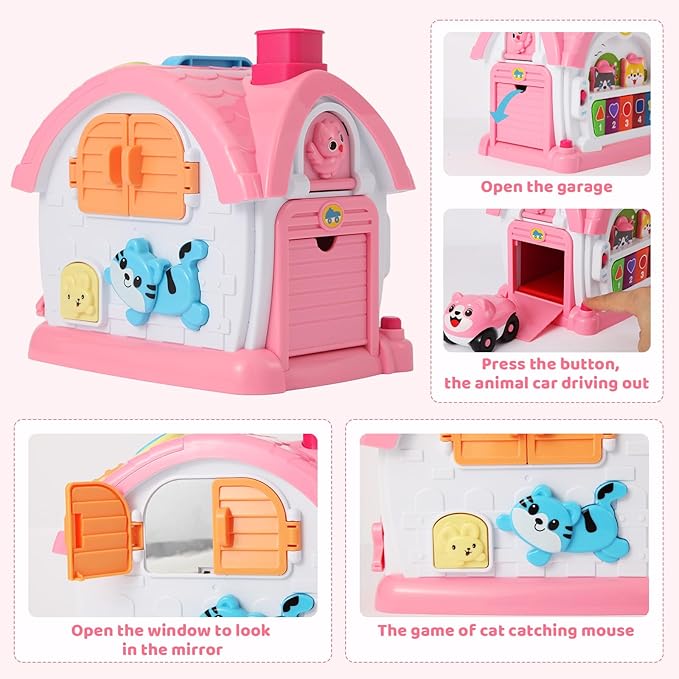 1 2 Year Old Girls Montessori Musical Learning House Toys,First Birthday Gifts for Baby Girls,Pink Bilingual Educational Toy for Toddlers Age 1-3