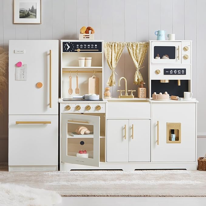 Tiny Land Wooden Toy Fridge with Spacious Storage, Realistic Play Kitchen Refrigerator for Kids’ Pretend Play with Three Freezer Magnets