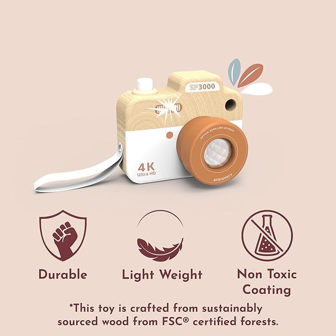SPEEDY MONKEY My First Wooden Camera Toddler Toy with Kaleidoscope Lens, FSC Wood Pretend Play Camera for Kids – Early-Learning Photographed Props for Imaginative Play for Boys and Girls