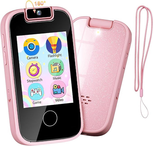 PTHTECHUS Kids Phone Toys for Girls Boys - Toddler Touchscreen MP3 Music Player with Dual Camera, Habit Tracker, Games, Alphabet, Educational Learning Toys Birthday Gifts for 3-7 with SD Card Pink