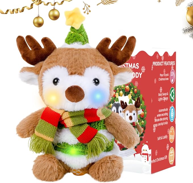Christmas Reindeer Plush Interactive Toy, Dancing Singing Repeating Light up Reindeer Stuffed Animal, Animated Christmas Plush Musical Holiday Decorations for Kids Boys Girls Gifts
