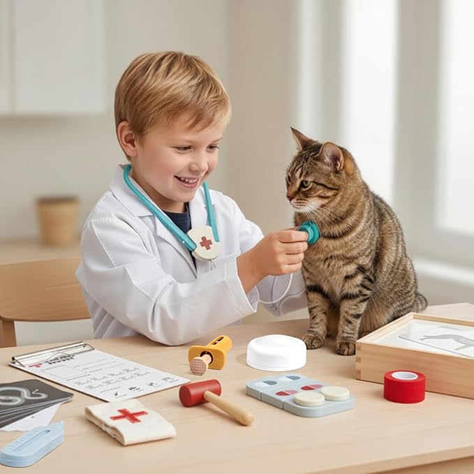 Doctor Kit for Toddlers 3-5, Pet Vet Pretend Play Toys for Kids, with X-Ray, Wooden Light Box, Medical Tools, STEM Educational Montessori Toys