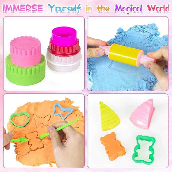 Ice Cream Sensory Bin for Girls Kids,Play Sand Art Kit with 2.2lb Color Magic Sands,56 pcs Cake Molds Tools Sandbox Toy-Fun Pretend Play Desserts Toys Sensory Toys for Girls Toddler 3 4 5 6 7 8