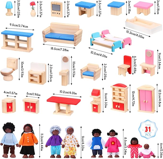 Sumind 35 Pcs Wooden Dollhouse Furniture Set with 8 Family Toys Family Set 27 Pcs Furniture Dollhouse Accessories for Boys Girls, Thanksgiving Christmas Birthday Gift(African-American Dolls)