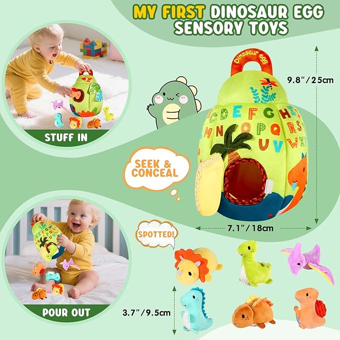 FREYBLI Baby Toys 6-12 Months - Soft Dinosaur Toy with Rattle, Crinkle Paper, Squeaker, Mirror - Baby Sensory Montessori Toys for 6 Month Old Developmental, 1 Year Old Boy Girl Gifts Toys