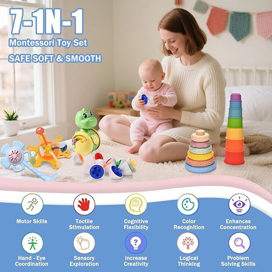 Montessoriii Toys for 1 Year Old,Baby Toys 6-12 Mo nths,7 in 1 Sensory Toy for Babies 6 Month Old,Stacking Blocks Rings Cups,Pull String Teething Toy for Boys & Girls Birthday