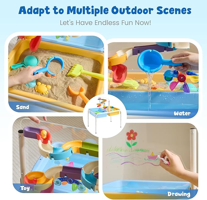 FUNLIO Toddler Sensory Table, Height Adjustable Sand and Water Table for Kids 3-6 Years, 4 in 1 Toddler Water Table with 2 Storage Bins, Acrylic Board & 16 Accessory Pieces, Indoor and Outdoor Play