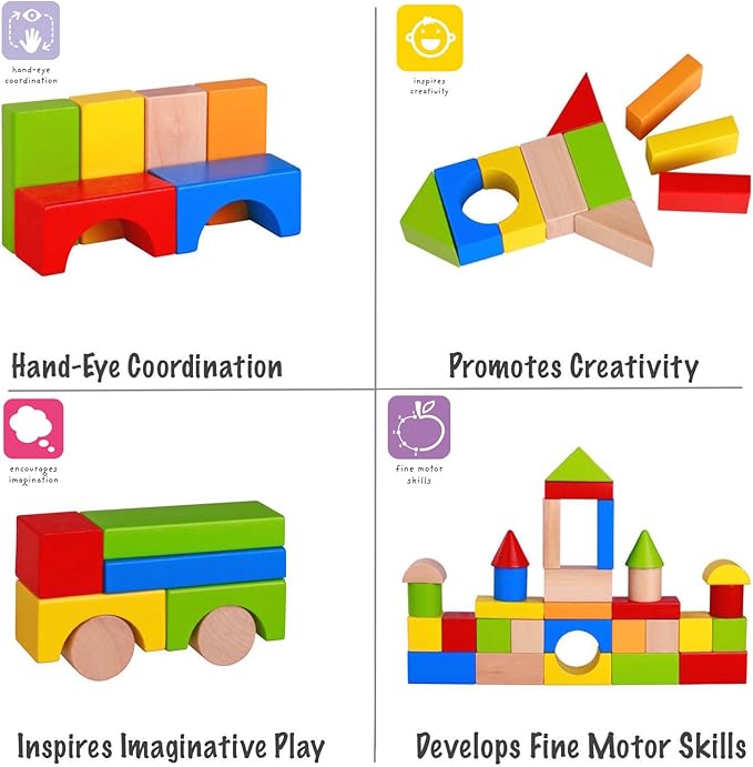 Pidoko Kids Building Blocks for Toddlers 1-3, 100 Pcs Wooden Blocks - Includes Storage Bucket and Shape Sorter Lid - Montessori Wood Block Gifts For Preschool Boys & Girls