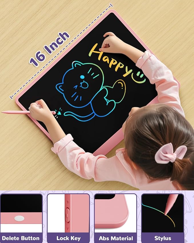 ORSEN LCD Writing Tablet for Kids, 16 inch Doodle Board Learning Toys for 3 4 5 6 7 8 Year Old Girls Boys, Birthday Gift Colorful Drawing Pad for Kids, Pink