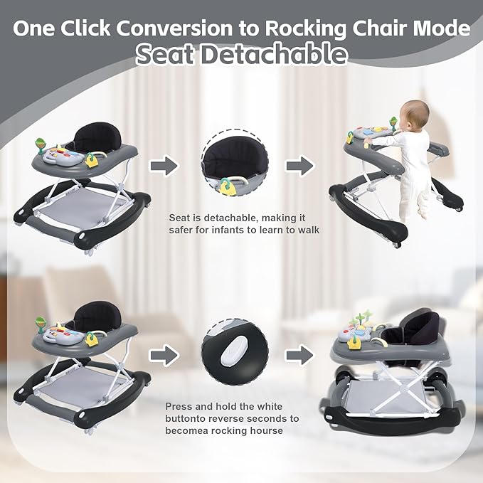 Foldable Baby 5-in-1 Activity Walker - Rocker, Activity Center, Bouncer, Seat Walker, Push Walker - Adjustable Speed Rear Wheels and Height Toys Ages 6-18 Months… (Black)