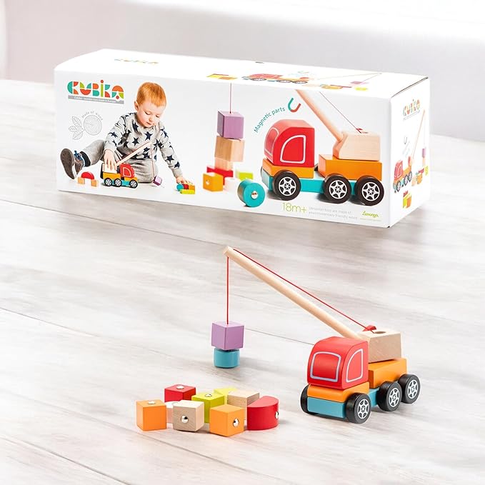 CUBIKA Wooden Crane Truck – Magnetic Construction Vehicle Playset for Toddlers Ages 18 Months+ – Montessori Toy for Fine Motor Skills, Creativity, and Imaginative Play