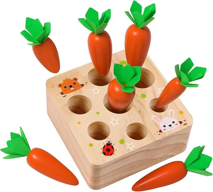 Montessori Toys for 1 Year Old, Montessori Baby Carrots Toy for 6-18 Months, Educational Wooden Carrot Harvest Game for Shape Sorting & Easter Toys, Birthday Easter Gifts for Babies Boys Girls