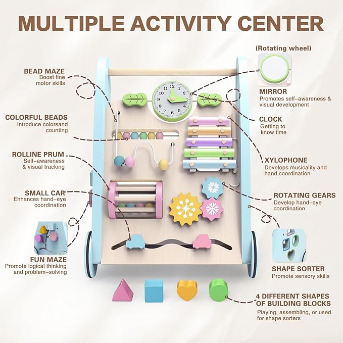 Wooden Baby Walker,Adjustable Speed Push Walker with Wheels and Learning Activity Center,Montessori Walker for Babies 12 Months,Baby Walker Push Toys for Baby Boys and Girls Gifts (Blue)