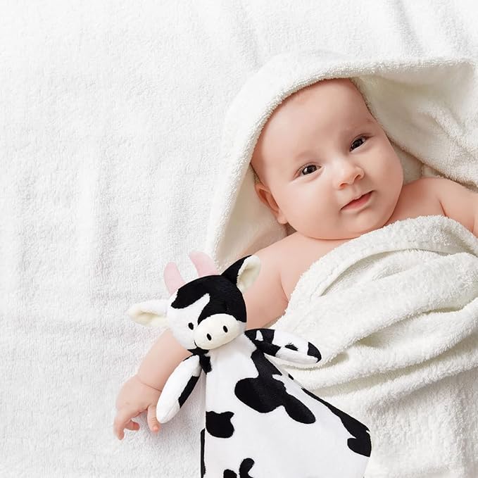 Baby Cow Soft Stuffed Animal Security Blanket, Plush Cow Character Lovey Blanket, Baby Shower/Nursery Gift, Newborn Infant Toddler Snuggle Blankie for Boys Girls, Pink Horns, 13 Inches