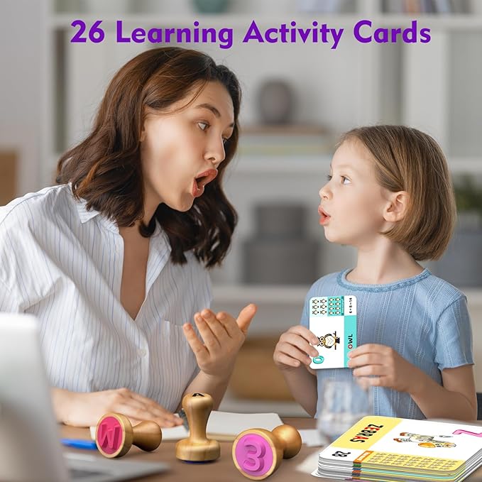 Wooden Alphabet Stamps & Number Letter Stamps for Kids - Montessori Learning Toys with Flashcards, ABC Spelling & Math Games for 3 4 5 Year Olds, Classroom Art Crafts Preschool Supplies