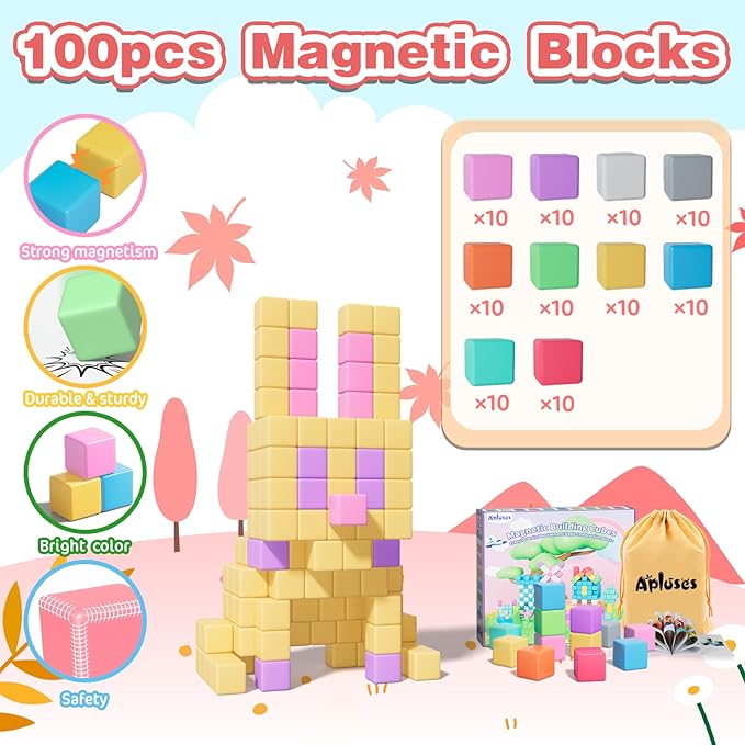 100pcs Magnetic Blocks, Magnetic Cubes for Kids Ages 3-8, STEM Educational Building Toys for Toddlers and Preschoolers, Sensory Autism-Friendly Learning Toys Gift for Boys & Girls 3-5, 4-8 Year Old