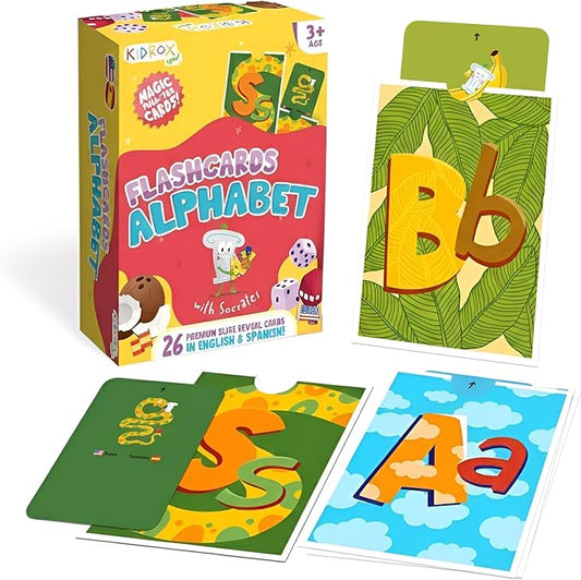 Kidrox Sensory Alphabet Bilingual Flash Cards for Toddlers 2+ Years Old, Improve Cognitive Development with Innovative Pull Dynamic, Including English & Spanish, A-Z Cards