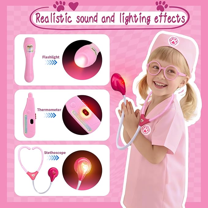 Kids Pet Doctor Kit for Toddlers, 21PCS Kids Doctor Playset with Plush Dog, Medical Toys, Stethoscope, Dress Up Costume, Carrying Bag,Christmas Birthday Gifts for Ages 3 4 5 6 7 8 Year Old Girls