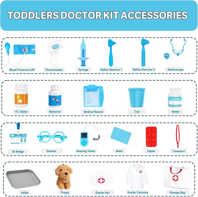 Doctor Kit for Toddlers 3-5 - Doctor Toys for 3 4 Year Old Boys Girls, Pretend Play Medical Kit with Dog, Carrying Bag, Dress Up Costume, Stethoscope, Role Play Birthday for Kids 5 6 7