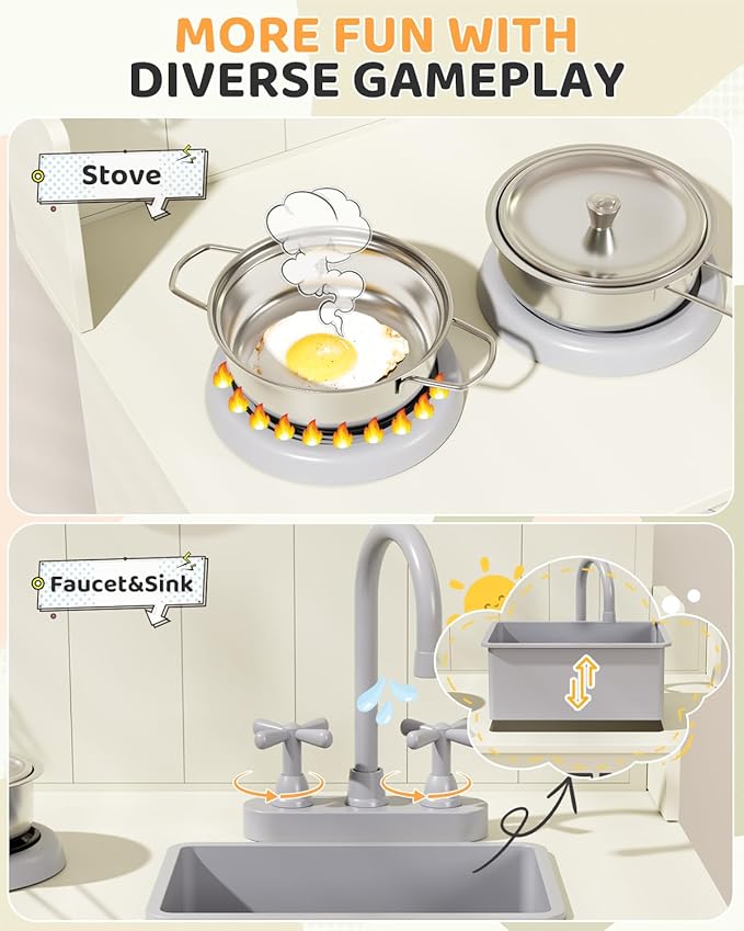 MAMIZO Play Kitchen for Toddlers, Wooden Kids Toy Kitchen Playset with Smart Storage, Ultimate Interactive, Simulated Gas Cooker, Sink & Faucet, 6 Pcs Cookware & Educational Clock (Cream)