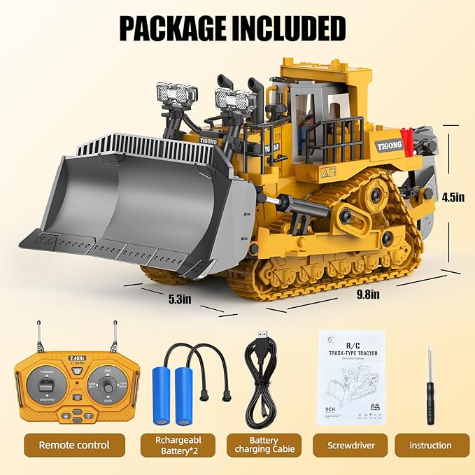 RC Bulldozer Toy with Metal Blade, Light and Sound, 9CH 2.4GHz Remote Control Construction Truck, Tractor Dozer Toys for Boys Kids Ages 3-12 Year Old, Christmas Birthday Gifts