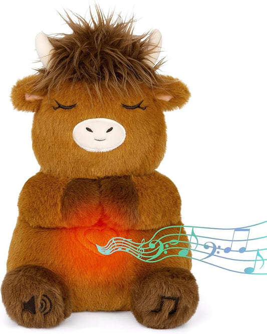 Breathing Stuffed Animal, Highland Cow Plush Soothing Baby Toy, Soothing Sound Machine Plushies with Calming Music, Lights, Sleeping Breathing Motion Doll for Kids Boys Girls